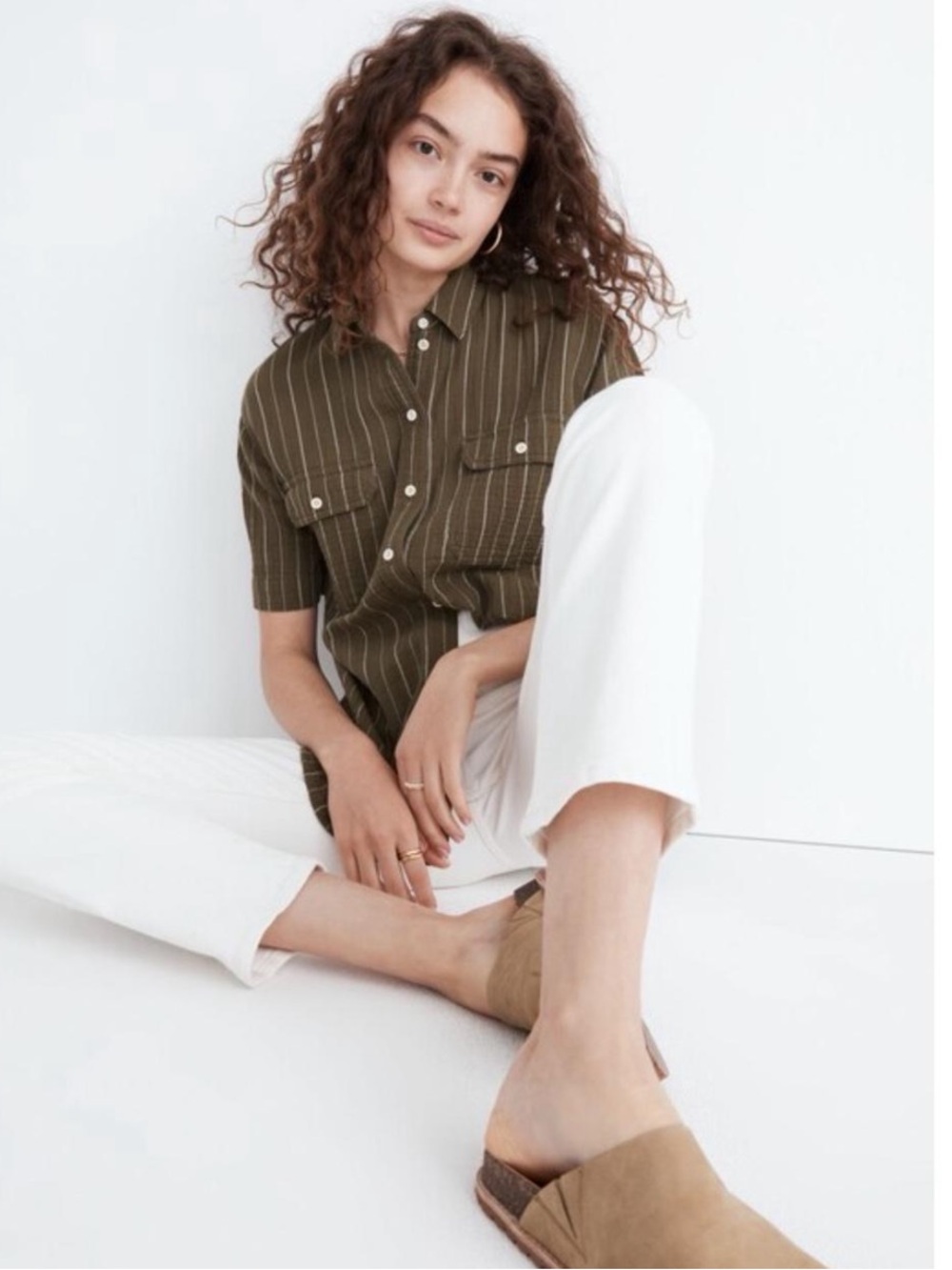 Madewell Olive Green Striped Button-Up‎ Shirt Size Small